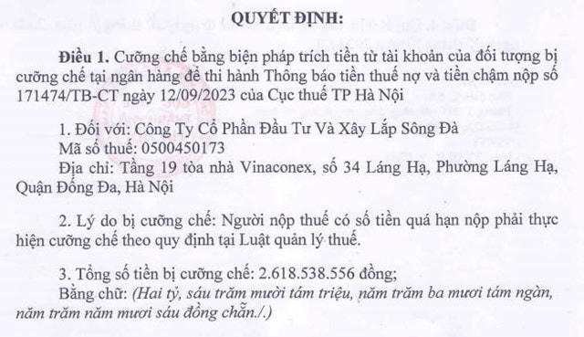 Đầu tư và Xây lắp Sông Đà (SDD) bị cưỡng chế thi hành về thuế hơn 2,6 tỷ đồng tại 7 ngân hàng
