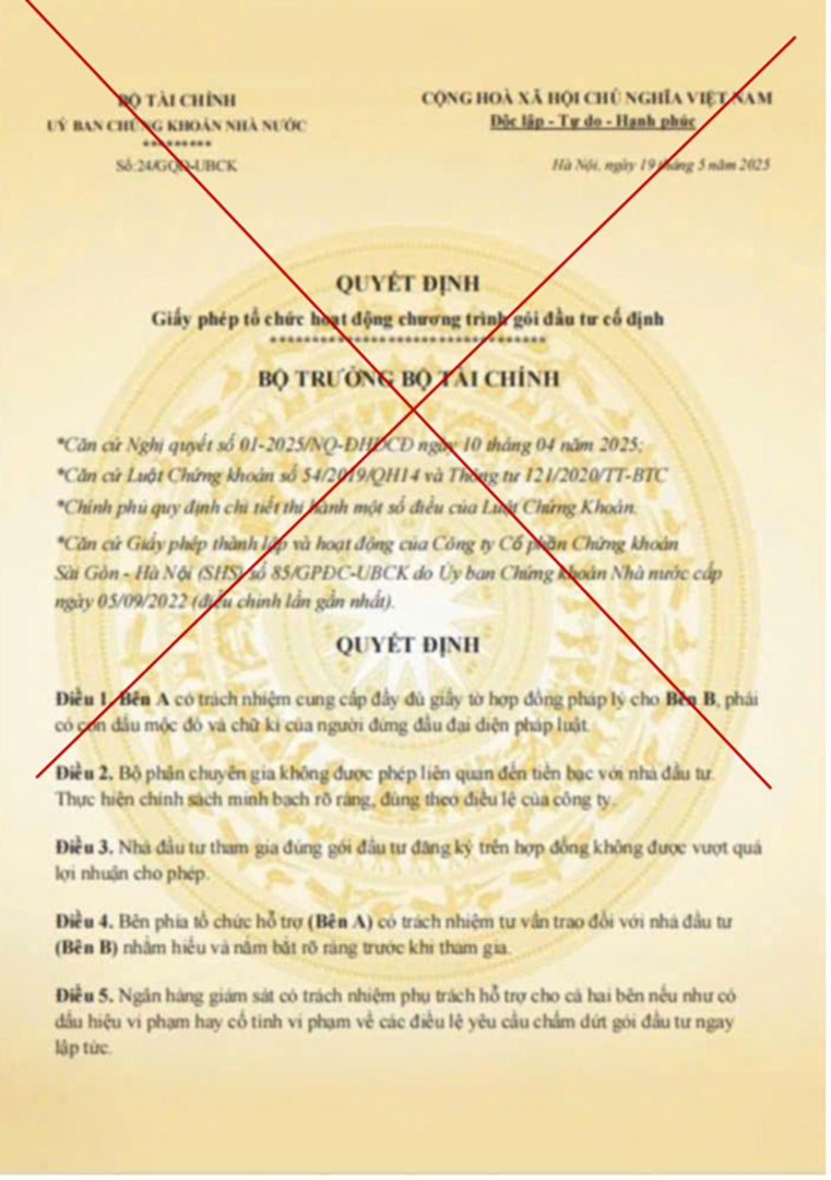 Cảnh báo văn bản giả mạo Bộ Tài chính, Ủy ban Chứng khoán Nhà nước để lừa đảo