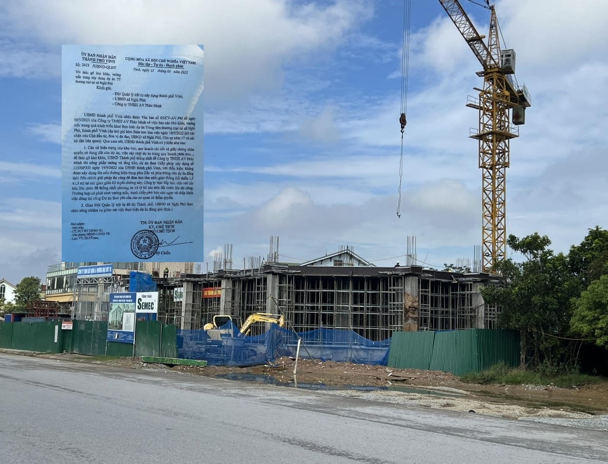 Văn bản của UBND thành phố chỉ cho phép thi công móng và tầng hầm, nhưng chủ đầu tư vẫn cho đổ hết trụ bê tông tầng 1 và lắp đặt cốp pha chuẩn bị đổ sàn tầng 2.