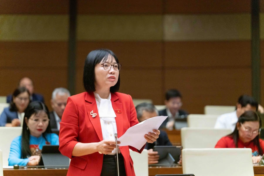 Đại biểu Nguyễn Thị Việt Nga, Đoàn Đại biểu Quốc hội TP. Hải Phòng phát biểu thảo luận tại Quốc hội.