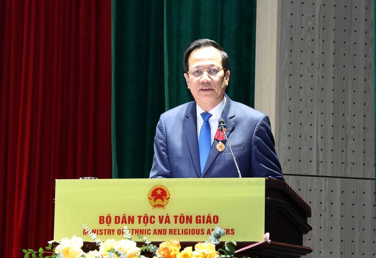 Bộ trưởng Bộ Dân tộc và Tôn giáo Đào Ngọc Dung phát biểu tại hội nghị.&nbsp;