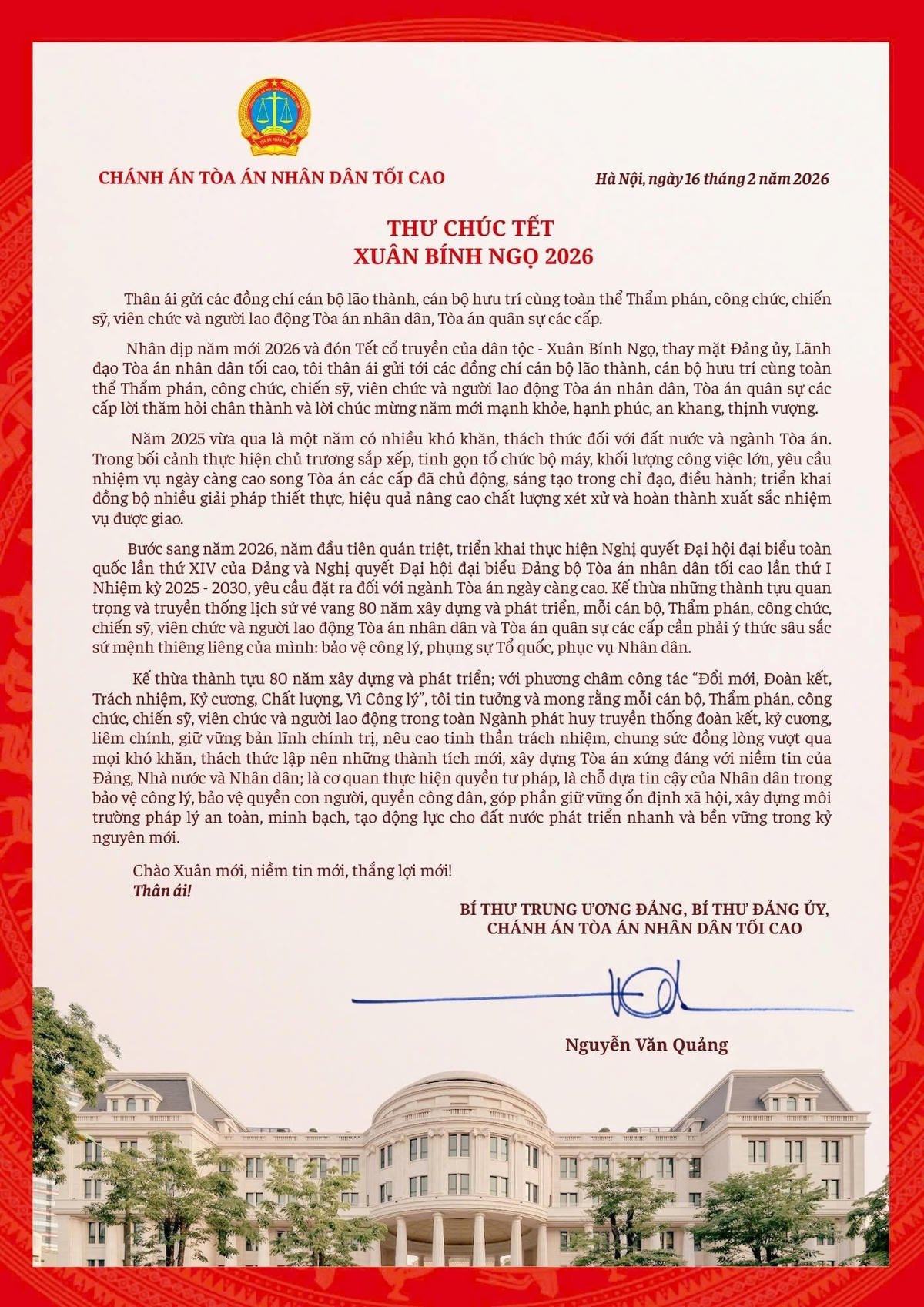 Thư chúc Tết của Chánh án TANDTC Nguyễn Văn Quảng nhân dịp năm mới 2026 và Xuân Bính Ngọ