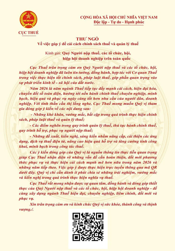 Cục Thuế phát hành Thư ngỏ về việc&nbsp;góp ý cải cách chính sách thuế và quản lý thuế.
