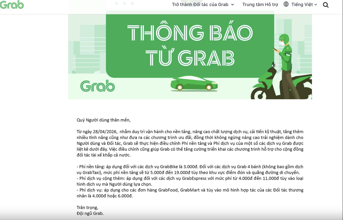 Thông báo chính thức tại website. Ảnh: Grab