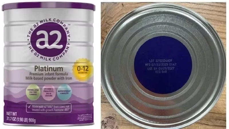 Sản phẩm sữa bột a2 Platinum Premium dành cho trẻ 0-12 tháng tuổi bị thu hồi tại thị trường Mỹ. Ảnh: FDA.