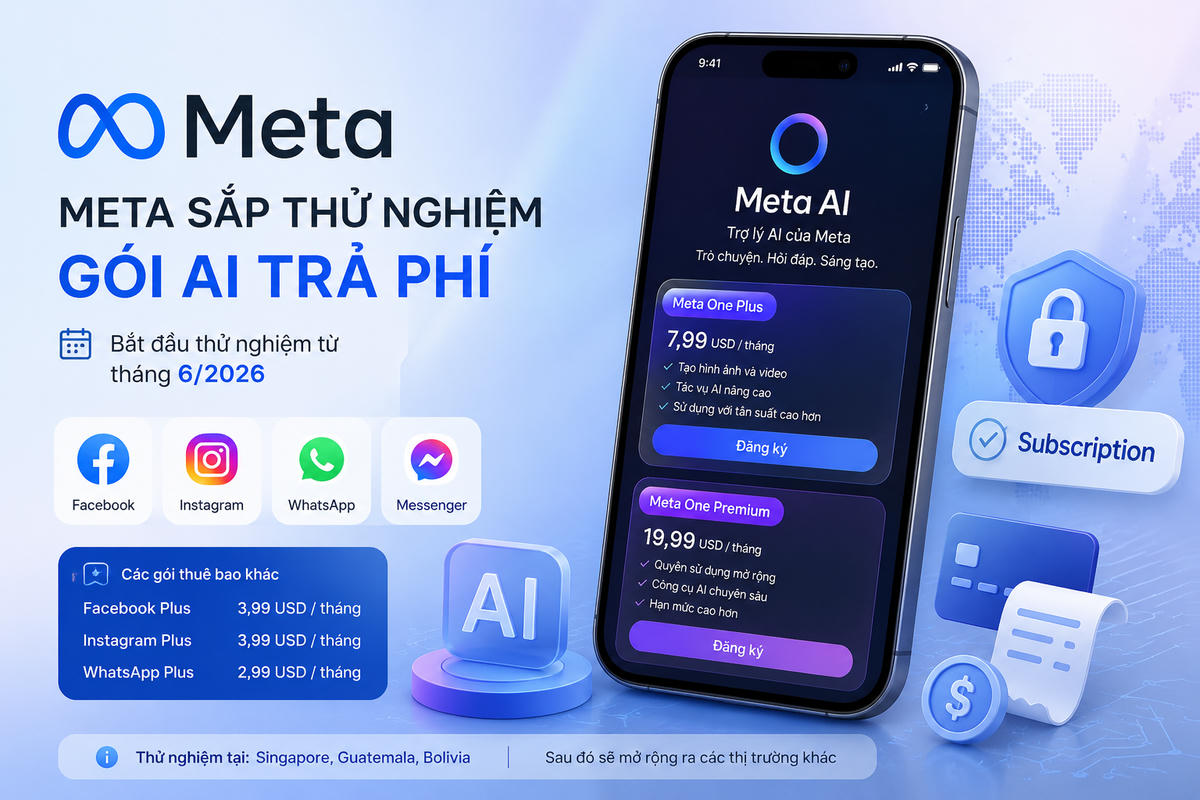Các gói đăng ký AI của Meta dự kiến có hai mức. Gói Meta One Plus giá 7,99 USD/tháng, dành cho người dùng có nhu cầu tạo hình ảnh, video hoặc sử dụng các tác vụ AI nâng cao với tần suất lớn hơn. 