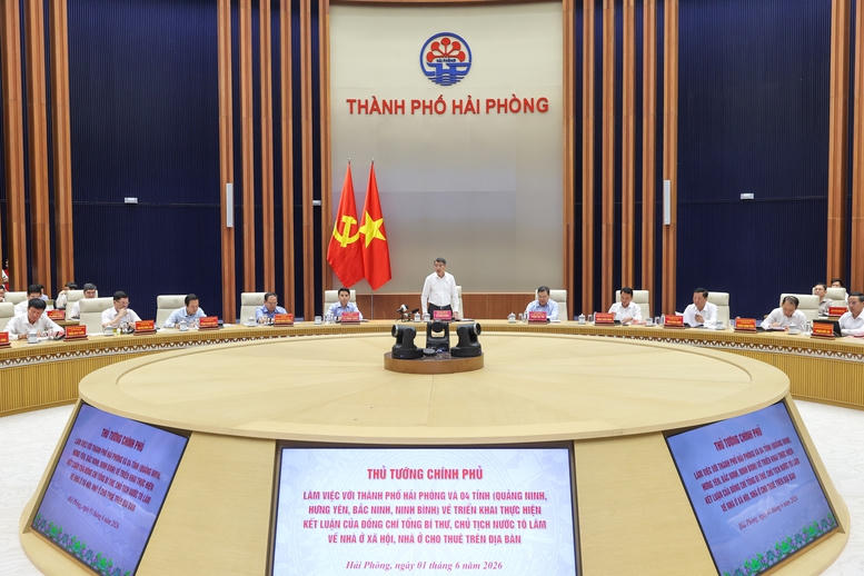 Thủ tướng Chính phủ Lê Minh Hưng chủ trì cuộc làm việc với lãnh đạo thành phố Hải Phòng và các tỉnh: Quảng Ninh, Bắc Ninh, Ninh Bình, Hưng Yên về phát triển nhà ở cho thuê. Ảnh: VGP