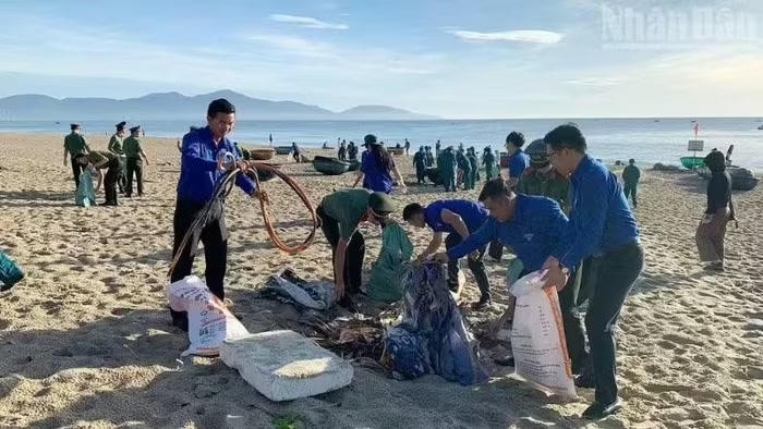 Đoàn viên, thanh niên dọn rác tại bãi biển Tân Trà (phường Ngũ Hành Sơn).