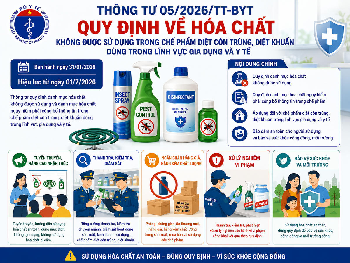 Bộ Y tế đề nghị UBND các tỉnh, thành phố tiếp tục chỉ đạo các đơn vị chức năng triển khai nghiêm Thông tư 05/2026/TT-BYT về danh mục hóa chất không được sử dụng và danh mục hóa chất nguy hiểm cần công bố thông tin trong chế phẩm diệt côn trùng, diệt khuẩn. (Hình do AI vẽ)