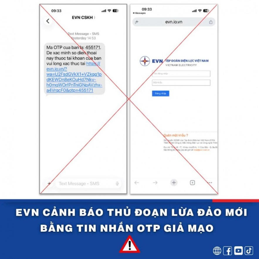 EVN cảnh báo thủ đoạn lừa đảo mới bằng tin nhắn OTP giả mạo.