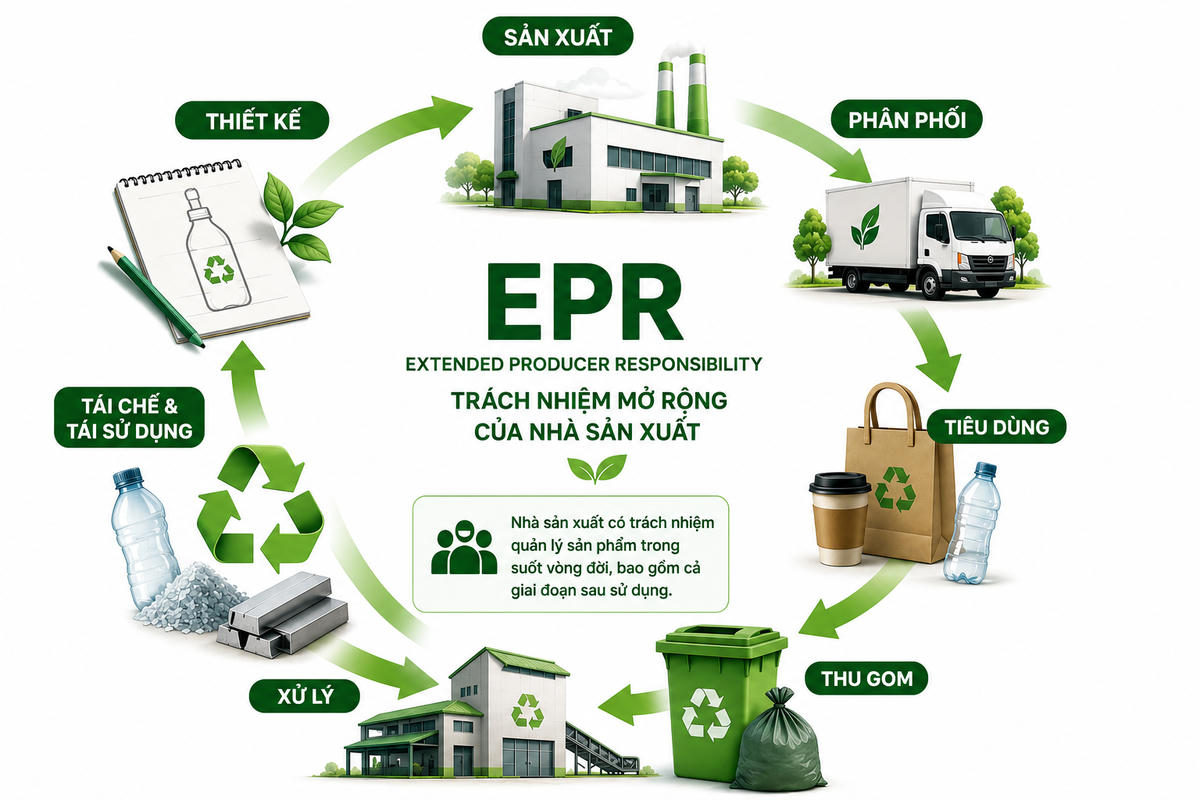 Mô hình EPR (Trách nhiệm mở rộng của nhà sản xuất) yêu cầu doanh nghiệp chịu trách nhiệm đối với sản phẩm và bao bì trong toàn bộ vòng đời, từ thiết kế, sản xuất đến thu gom, tái chế và xử lý sau sử dụng. Ảnh minh họa