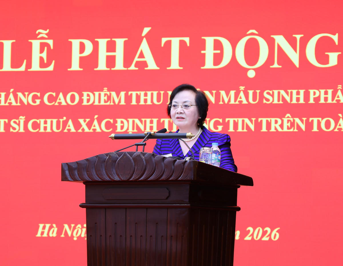 Phó Thủ tướng Phạm Thị Thanh Trà phát biểu tại Lễ phát động triển khai tháng cao điểm thu nhận mẫu sinh phẩm ADN thân nhân liệt sĩ chưa xác định thông tin trên toàn quốc. Ảnh: VGP