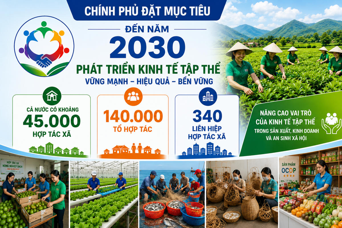Đến năm 2030, cả nước phấn đấu có khoảng 140.000 tổ hợp tác với 2 triệu thành viên; 45.000 hợp tác xã với 8 triệu thành viên; 340 liên hiệp hợp tác xã với 1.700 hợp tác xã thành viên. Ảnh minh họa