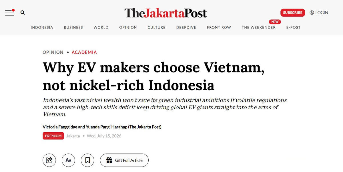 “Vì sao các hãng xe điện chọn Việt Nam thay vì Indonesia giàu nickel?” là tiêu đề bài viết đăng trên The Jakarta Post ngày 15/7. Ảnh chụp màn hình