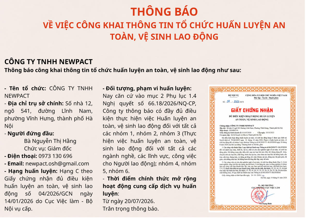 Công ty TNHH Newpact thông báo đủ điều kiện hoạt động huấn luyện an toàn, vệ sinh lao động