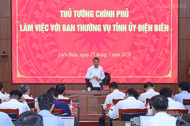 Thủ tướng Lê Minh Hưng tại buổi làm việc với Ban Thường vụ Tỉnh ủy Điện Biên sáng 25/7. Ảnh: VGP/Nhật Bắc