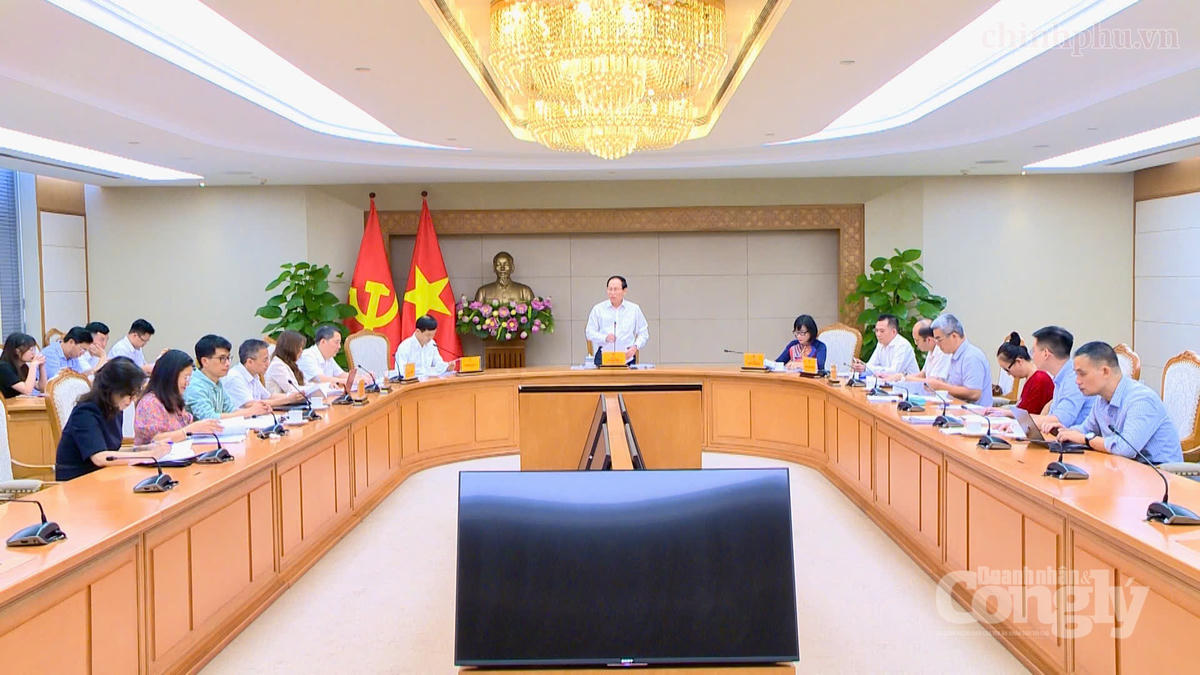 Phó Thủ tướng Lê Tiến Châu chủ trì cuộc họp về dự thảo Nghị định quy định chi tiết một số điều và biện pháp để tổ chức, hướng dẫn thi hành Nghị quyết số 20/2026/QH16. Ảnh: VGP 