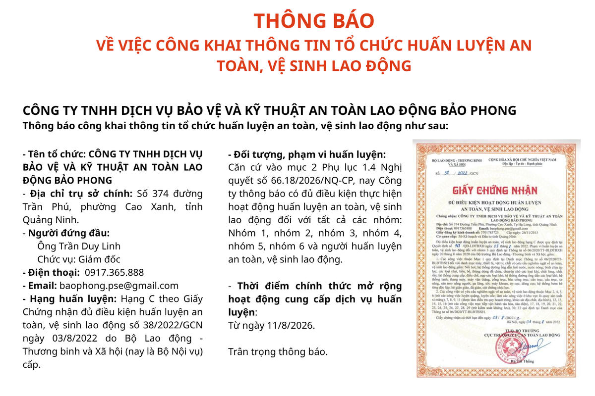 Công ty Bảo Phong thông báo đủ điều kiện hoạt động huấn luyện an toàn, vệ sinh lao động