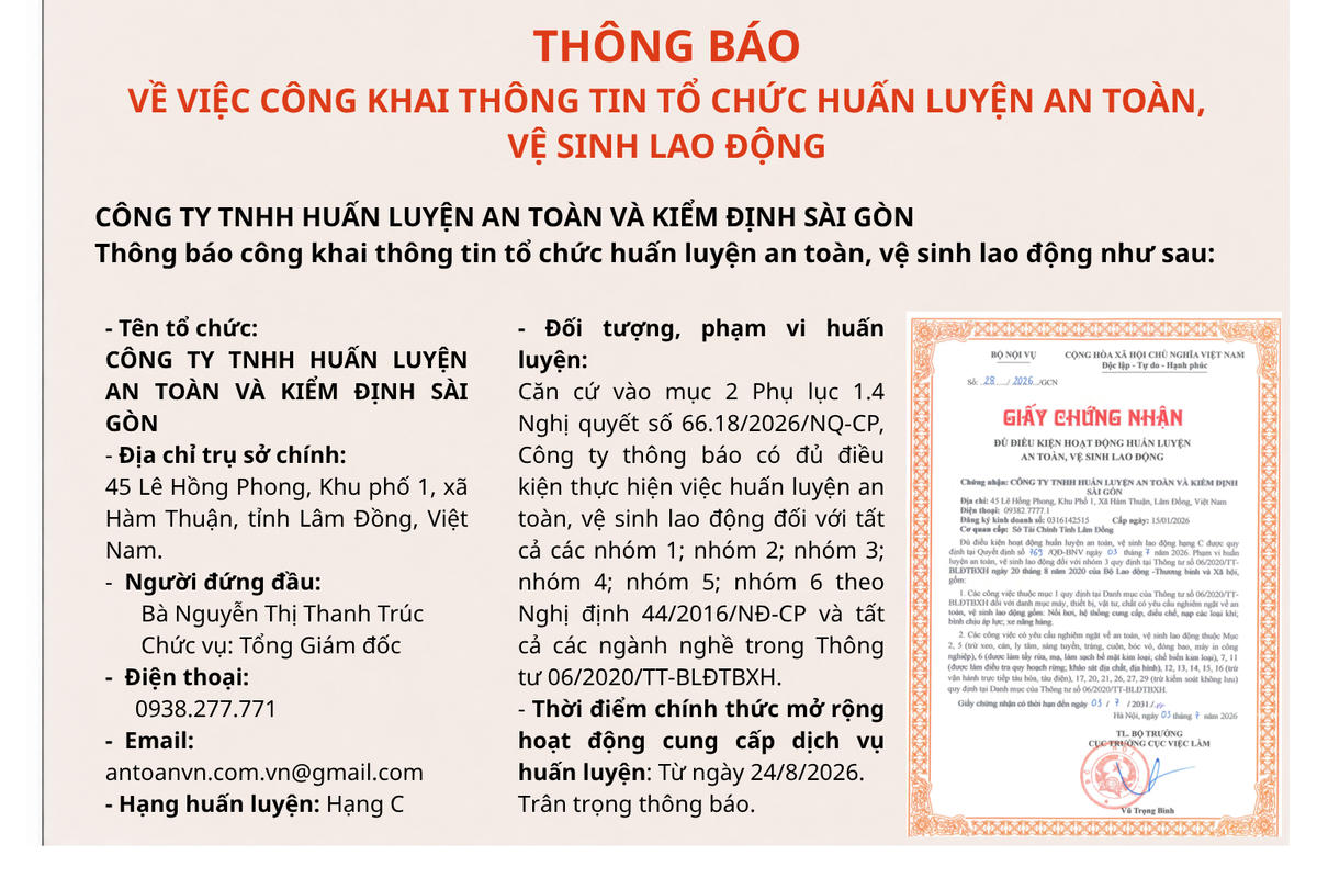 Công ty TNHH Huấn luyện An toàn và Kiểm định Sài Gòn thông báo đủ điều kiện huấn luyện ATVSLĐ