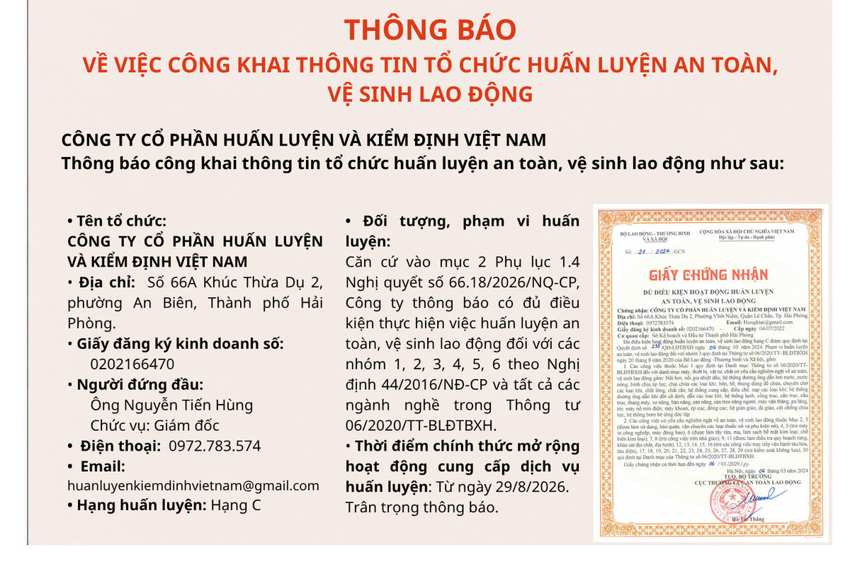 Công ty Cổ phần Huấn luyện và Kiểm định Việt Nam thông báo đủ điều kiện huấn luyện ATVSLĐ