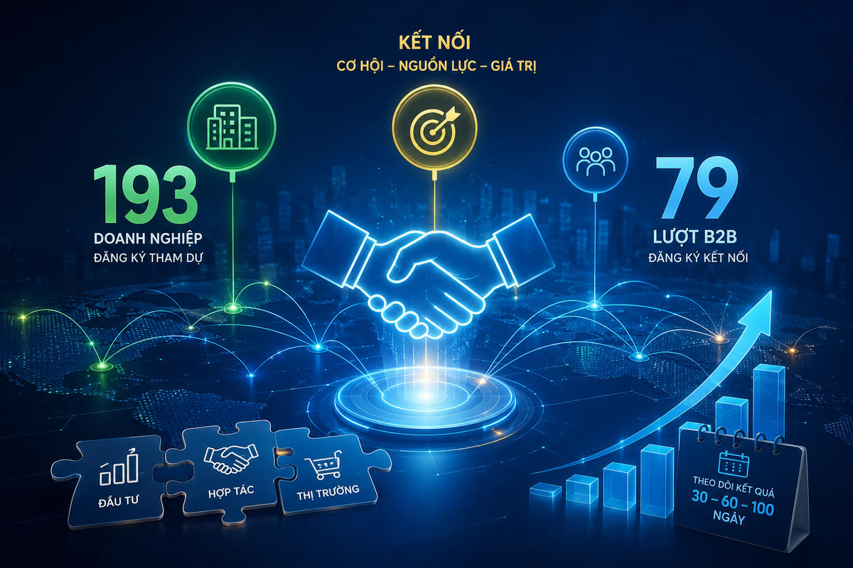 Ảnh minh họa kết nối doanh nghiệp tại CEF II 2026, với 193 doanh nghiệp đăng ký tham dự và 79 lượt đăng ký B2B tính đến 10h ngày 24/8/2026. Ảnh được tạo có sự hỗ trợ của AI.