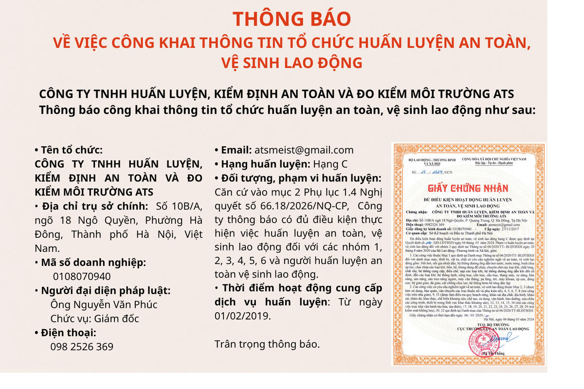 Công ty ATS thông báo đủ điều kiện huấn luyện an toàn, vệ sinh lao động