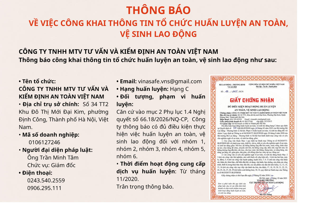 Công ty TNHH MTV Tư vấn và Kiểm định an toàn Việt Nam thông báo đủ điều kiện huấn luyện ATVSLĐ