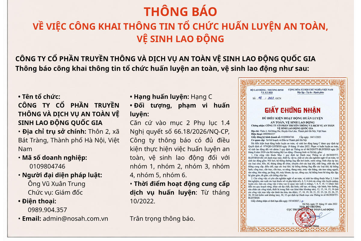 CTCP Truyền thông và Dịch vụ An toàn vệ sinh lao động Quốc gia thông báo đủ điều kiện huấn luyện ATVSLĐ