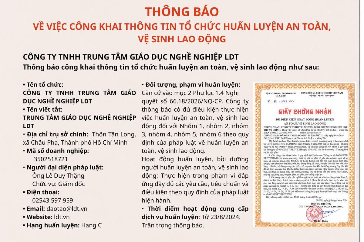Trung tâm Giáo dục nghề nghiệp LDT thông báo tiếp tục hoạt động huấn luyện ATVSLĐ