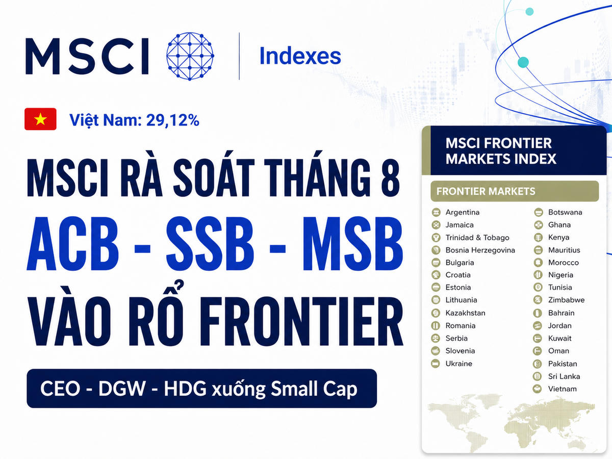 Kỳ rà soát MSCI tháng 8 có hiệu lực: ACB, SSB, MSB vào rổ Frontier Markets. Ảnh được tạo với sự hỗ trợ của AI.