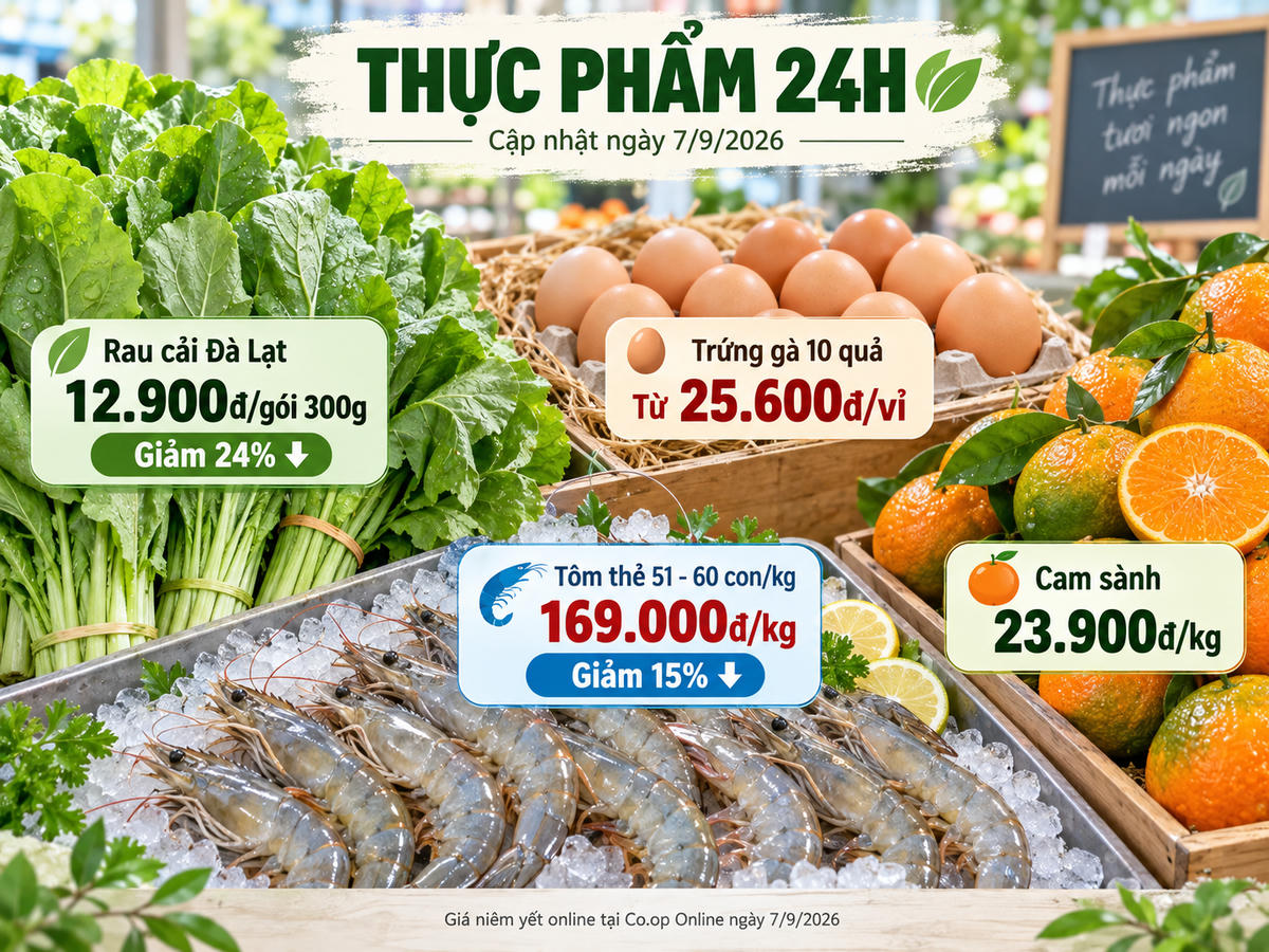 Thực phẩm 24h ngày 7/9: Rau xanh giảm 24%, tôm thẻ còn 169.000 đồng/kg. Ảnh minh họa được tạo với sự hỗ trợ của AI.