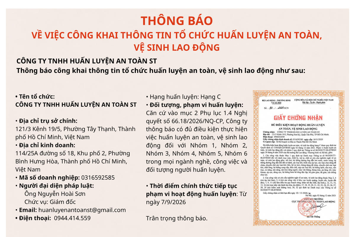 Công ty TNHH Huấn luyện An toàn ST thông báo tiếp tục hoạt động huấn luyện ATVSLĐ