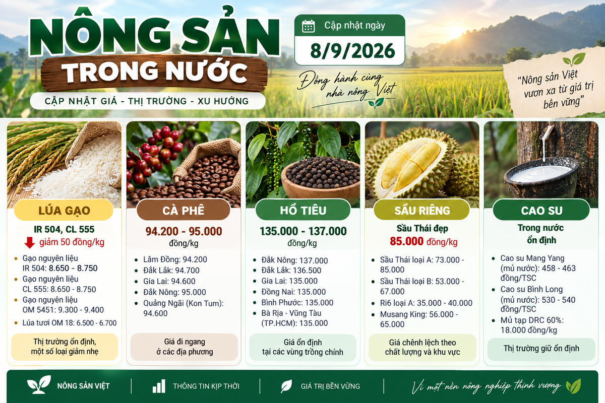 Nông sản trong nước ngày 8/9: Gạo nguyên liệu giảm giá, sầu Thái đẹp giữ mức 85.000 đồng/kg. Ảnh được tạo với sự hỗ trợ của AI.