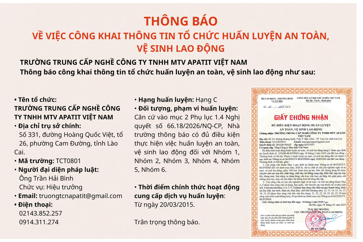 Trường Trung cấp nghề Công ty TNHH MTV Apatit Việt Nam thông báo hoạt động cung cấp dịch vụ huấn luyện ATVSLĐ