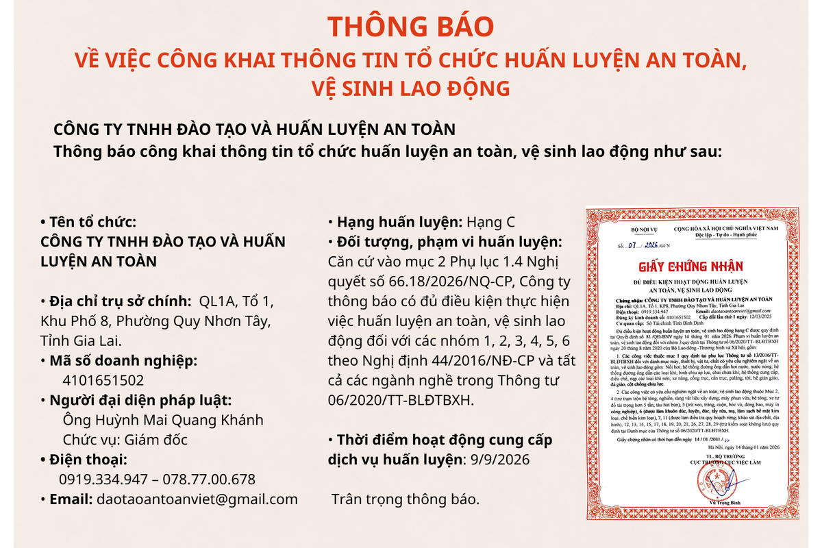 Công ty TNHH Đào tạo và Huấn luyện An toàn thông báo cung cấp dịch vụ huấn luyện ATVSLĐ