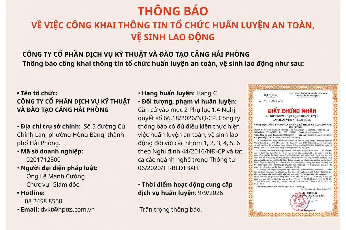 CTCP Dịch vụ Kỹ thuật và Đào tạo Cảng Hải Phòng thông báo cung cấp dịch vụ huấn luyện ATVSLĐ