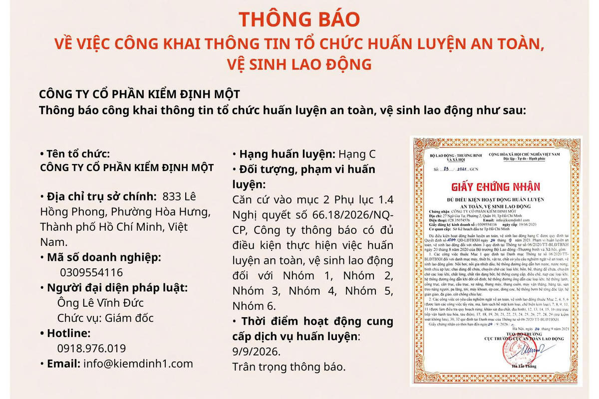 Công ty Cổ phần Kiểm định Một thông báo cung cấp dịch vụ huấn luyện ATVSLĐ