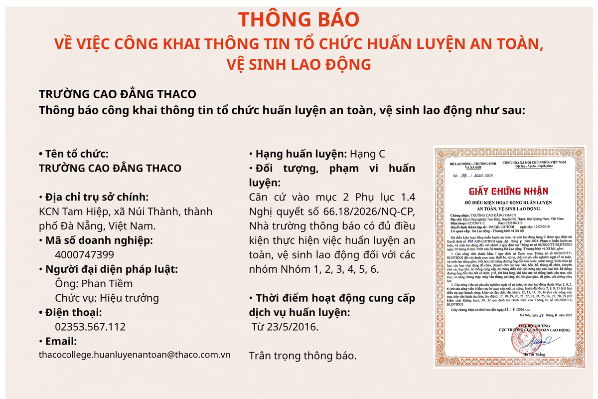 Trường Cao đẳng THACO thông báo về hoạt động cung cấp dịch vụ huấn luyện ATVSLĐ