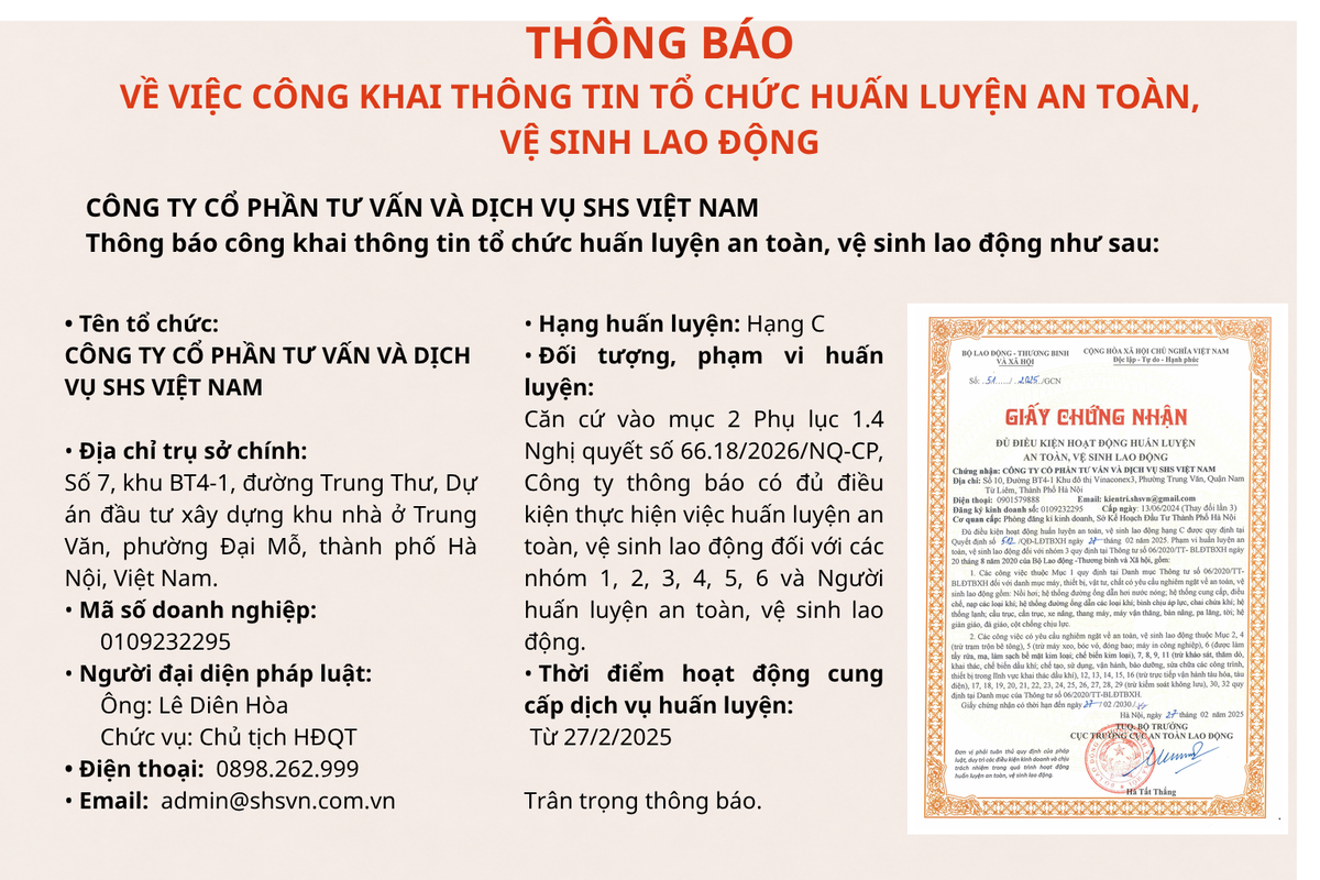 Công ty Cổ phần Tư vấn và Dịch vụ SHS Việt Nam thông báo hoạt động cung cấp dịch vụ huấn luyện ATVSLĐ