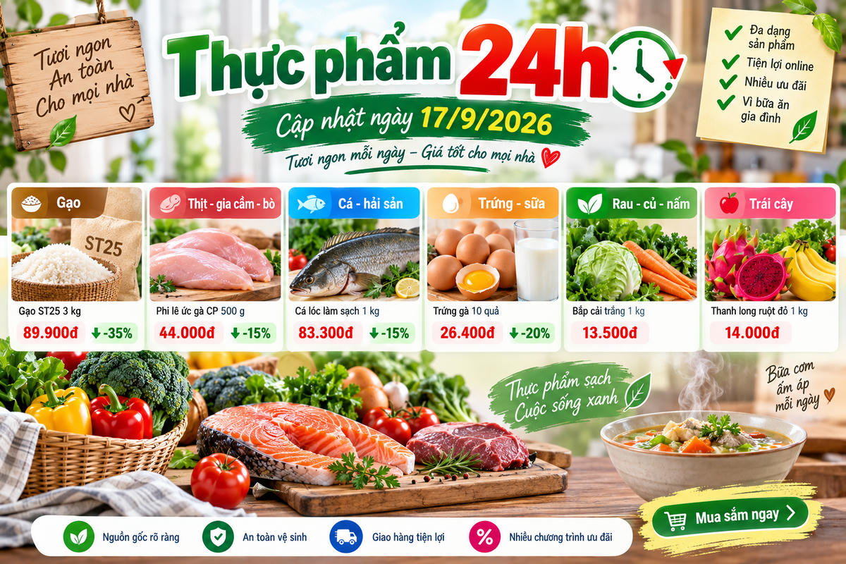 Thực phẩm 24h ngày 17/9: Gạo ST25 giảm tới 35%, dầu ăn, cá và sữa cùng hạ giá. Ảnh được tạo với sự hỗ trợ của AI.