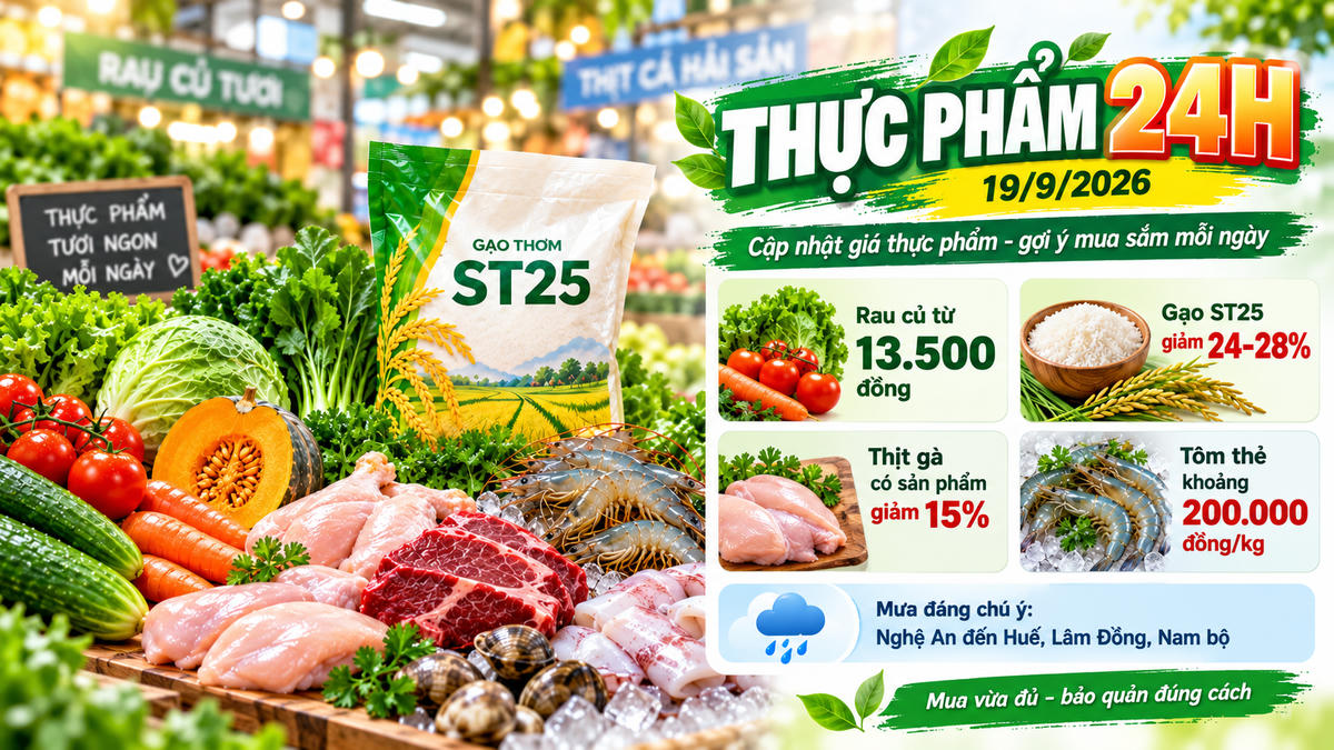 Thực phẩm 24h 19/9: Rau củ từ 13.500 đồng, gạo ST25 giảm giá. Ảnh được tạo với sự hỗ trợ của AI.