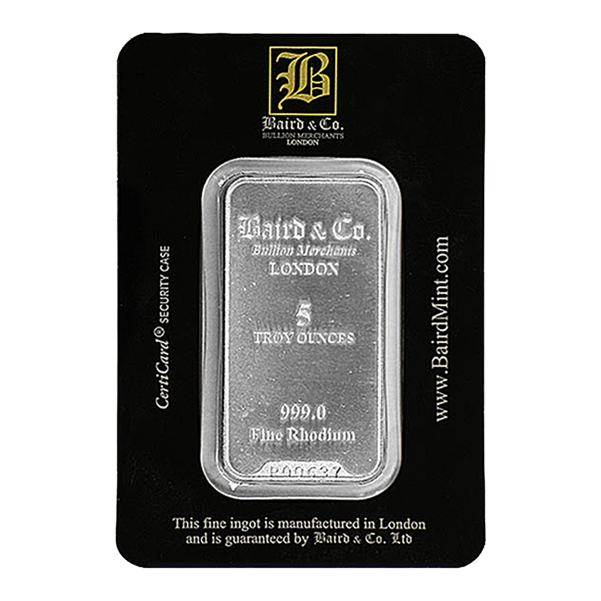 Thỏi rhodium 5 ounce của Baird & Co., nguồn Kitco.