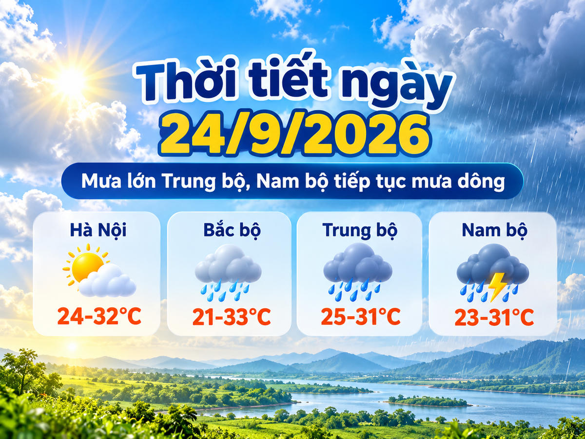 Thời tiết ngày 24/9/2026: Mưa lớn từ Thanh Hóa đến phía Bắc Quảng Trị, Nam bộ tiếp tục mưa dông. Ảnh minh họa được tạo với sự hỗ trợ của AI.