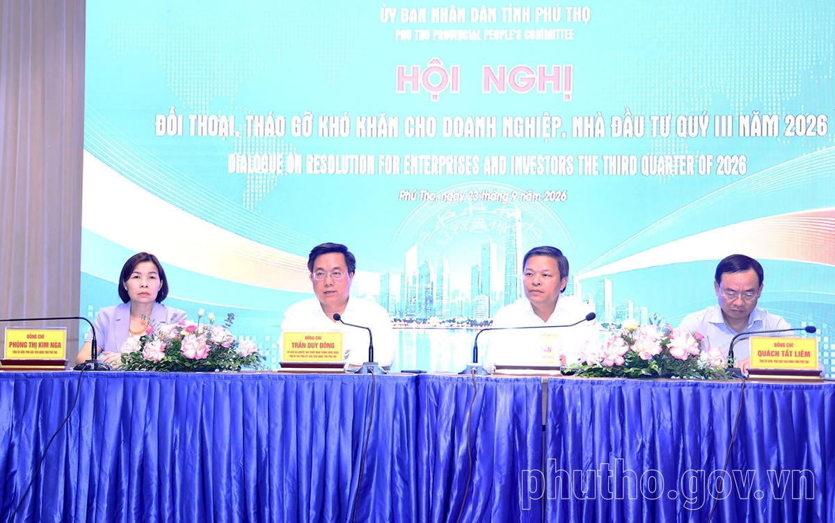 Hội nghị đối thoại, tháo gỡ khó khăn cho doanh nghiệp, nhà đầu tư quý III diễn ra vào sáng 23/9/2026. Ảnh: (phutho.gov.vn).