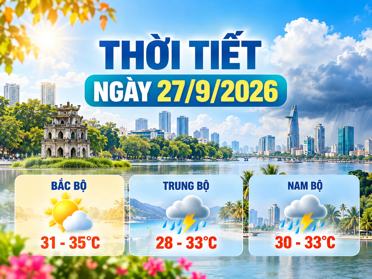 Thời tiết ngày 27/9/2026: Bắc bộ ngày nắng, Trung bộ và Nam bộ có nơi mưa to. Ảnh được tạo với sự hỗ trợ của AI.