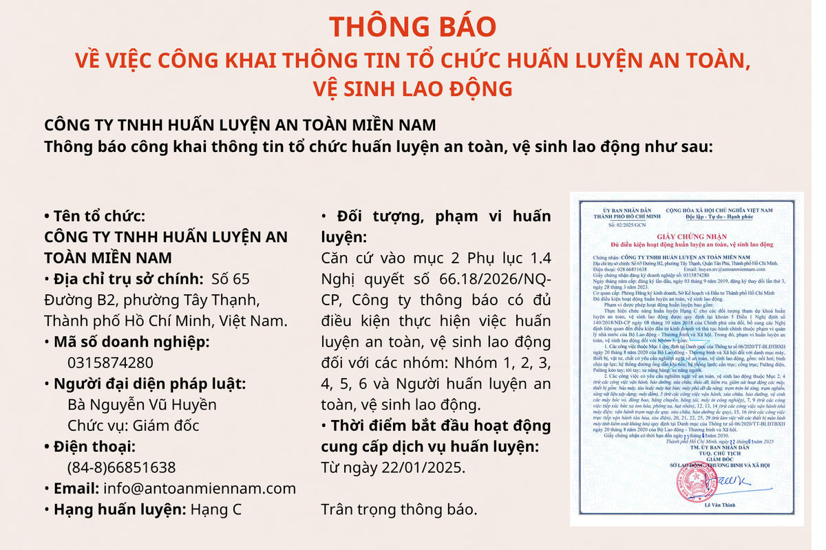 Công ty TNHH Huấn luyện An toàn Miền Nam thông báo tiếp tục cung cấp dịch vụ huấn luyện ATVSLĐ