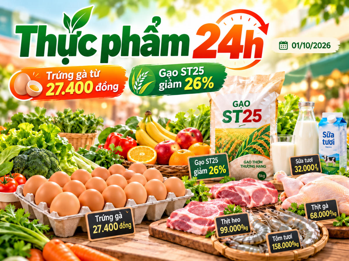 Thực phẩm 24h ngày 1/10: Trứng gà còn 27.400 đồng/10 quả, gạo ST25 giảm giá 26%. Ảnh được tạo với sự hỗ trợ của AI.