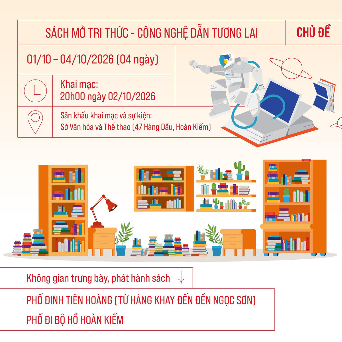 Tại Hà Nội, 20h ngày 2/10, Hội Sách Hà Nội lần thứ XI - năm 2026 chính thức khai mạc tại 47 Hàng Dầu, ngay cạnh không gian đi bộ hồ Hoàn Kiếm.