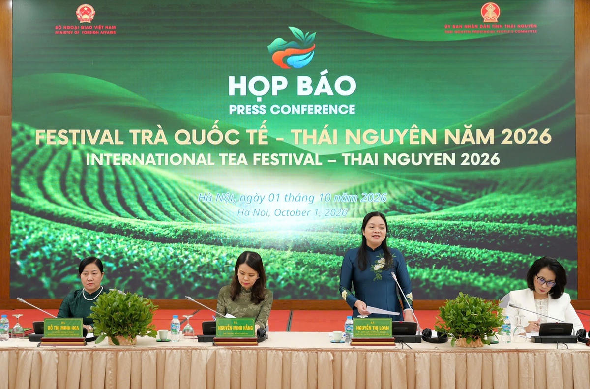 Họp báo Festival Trà Quốc tế - Thái Nguyên năm 2026, nơi tỉnh Thái Nguyên giới thiệu mã nhận diện thương hiệu “Chè Thái Nguyên”.  
