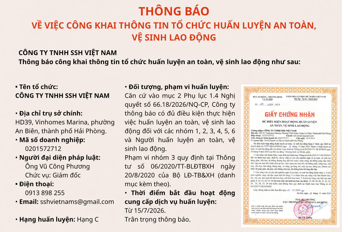Công ty TNHH SSH Việt Nam thông báo hoạt động cung cấp dịch vụ huấn luyện ATVSLĐ